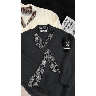 龙叨叨秋季新品复古设计感丝巾系带长袖针织衫男韩系宽松休闲毛衣