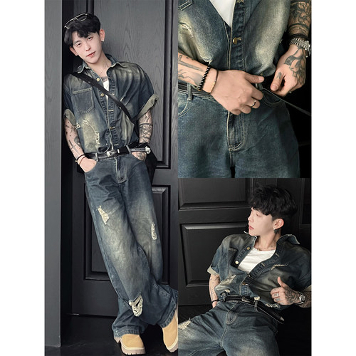 龙叨叨夏季新品美式复古水洗破洞短袖牛仔衬衫套装男痞帅休闲长裤