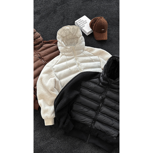 男款冬季新品美式复古摇粒绒连帽棉服百搭宽松阔腿长裤时尚套装