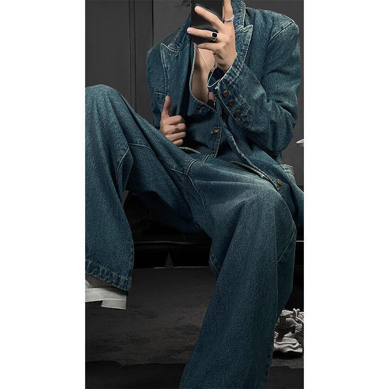 龙叨叨秋季新款潮流复古牛仔修身马甲宽松阔腿裤百搭西服套装