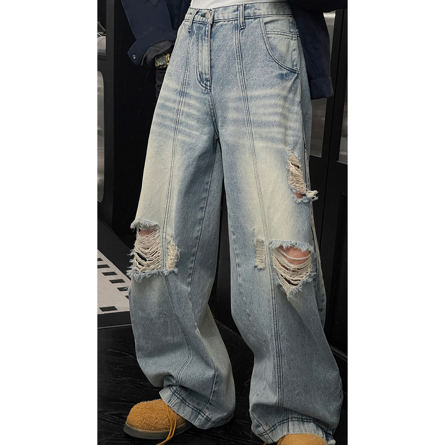 龙叨叨秋季新款潮流复古做旧美式破洞阔腿宽松垂感百搭牛仔长裤