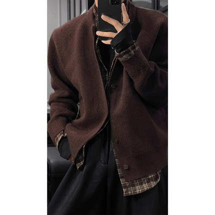 龙叨叨秋冬新品老钱风假两件格纹拼接长袖针织衫慵懒休闲开衫外套