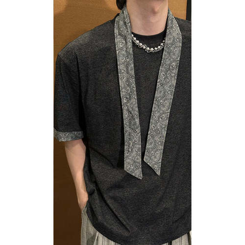 龙叨叨2026春夏新品复古老钱风丝巾短袖T恤男宽松舒适休闲上衣