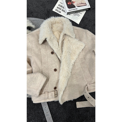 龙叨叨秋季新品美式复古小众设计感宽松双排扣毛领百搭夹克外套