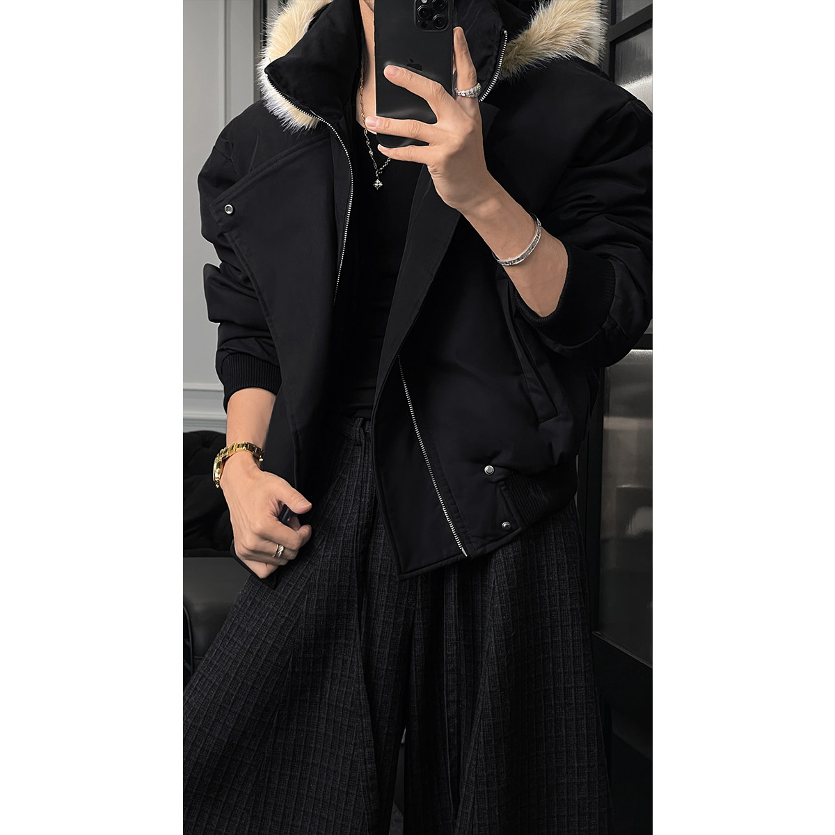 龙叨叨冬季新品设计感大毛领棉服男美式复古宽松舒适保暖连帽棉衣