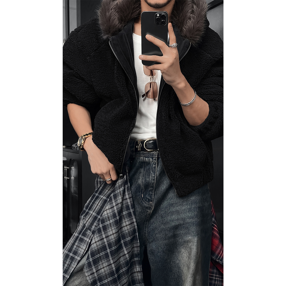 龙叨叨冬季新品美式复古保暖毛绒外套男潮牌宽松百搭连帽毛领夹克