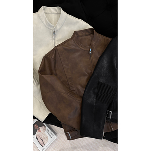 龙叨叨秋季新品复古立领机车夹克皮衣男美式潮流宽松休闲百搭外套