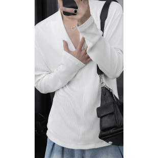 龙叨叨春季新品高级感气质v领针织衫男韩系简约纯色休闲长袖上衣
