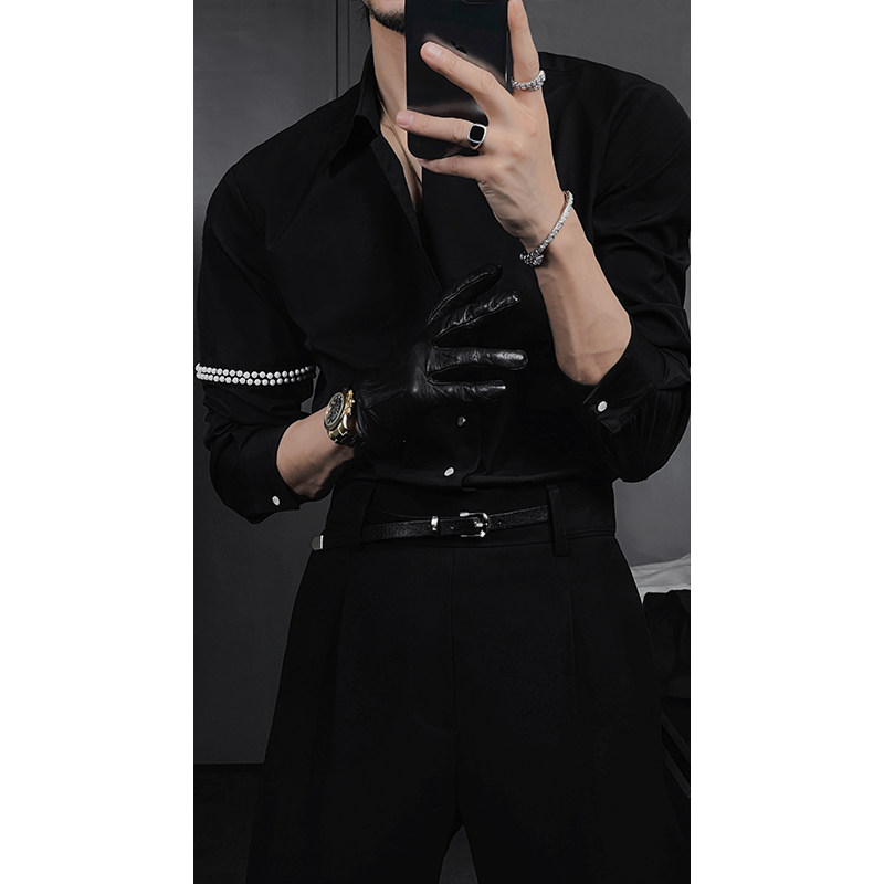 龙叨叨2024春季新品设计款简约珍珠袖箍衬衫高级感气质纯色衬衣