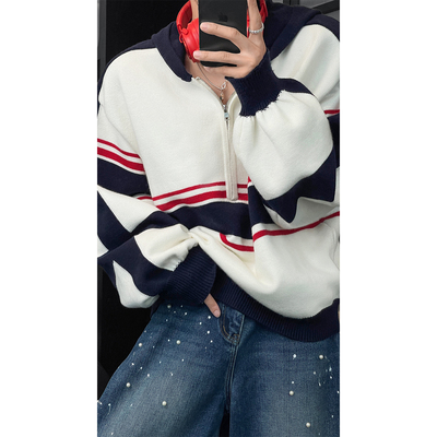 龙叨叨秋季新品小众设计感连帽撞色毛衣男韩系复古半拉链针织衫