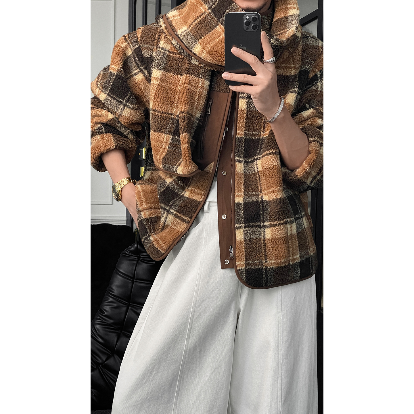 龙叨叨秋冬新款潮流复古摇粒绒格子双面穿围巾百搭立领夹克外套