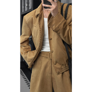 龙叨叨秋季新款潮流复古高级感绒面翻领夹克百搭宽松弯刀长裤套装