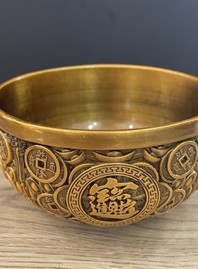 古玩铜器收藏纯铜鎏金聚宝盆包浆家居佛堂工艺品摆件