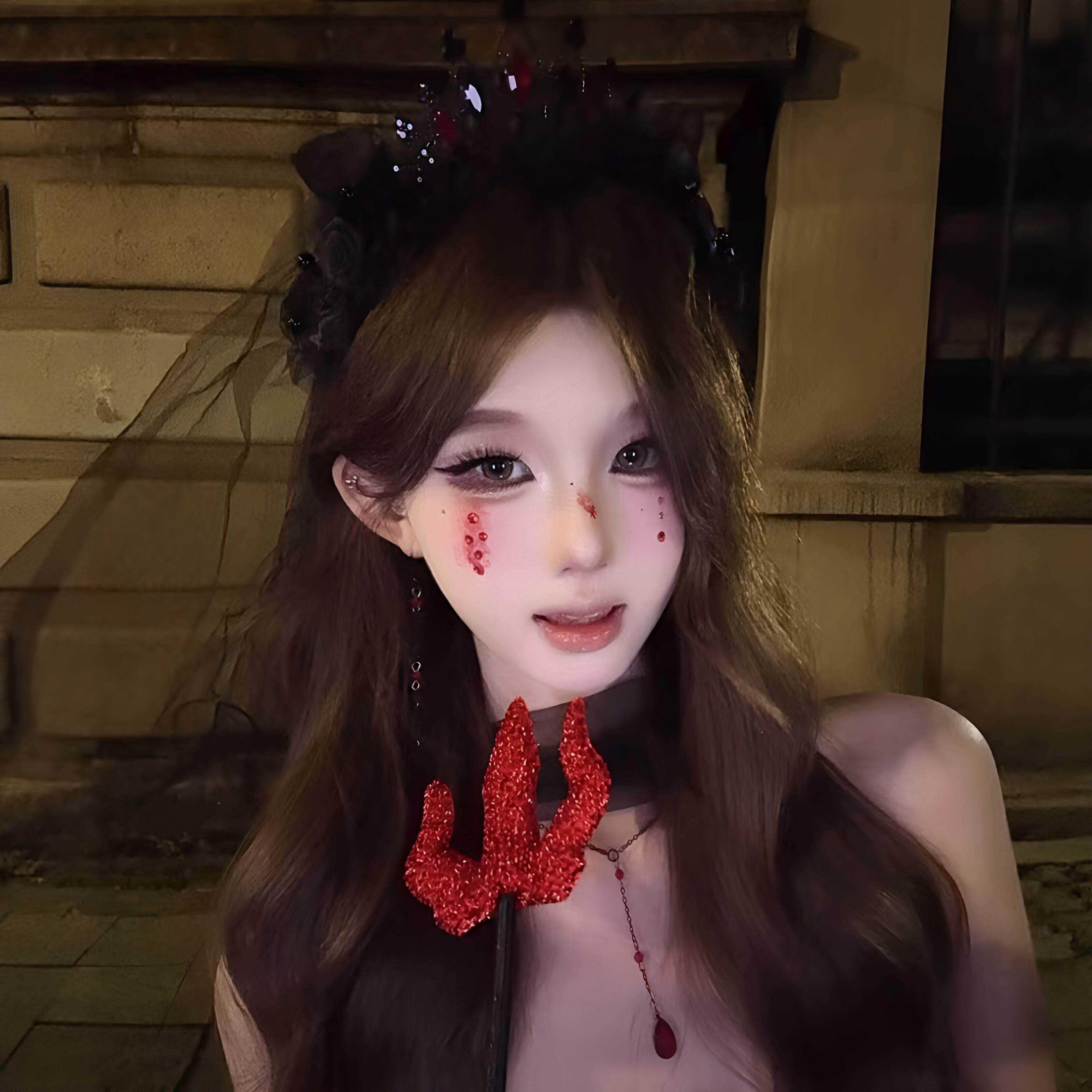 恶魔三角叉！万圣节cos装扮复古哥式血滴项链鬼节角色扮演道具