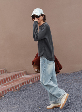 ise“chill 休闲”深灰色半高圆领针织含羊毛桑蚕丝卫衣K2541007