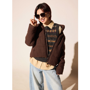 ise“精致锁温”针织绞花美拉德咖色保暖立领羽绒服K2541228