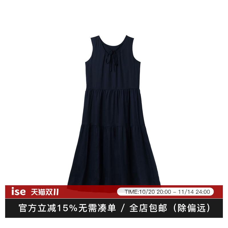 ise“chill 通勤”系列藏蓝色无袖系带舒适微弹连衣裙P2530702