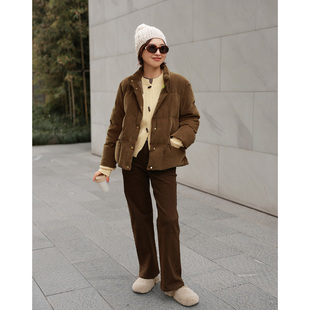 咖绿色灯芯绒100%棉短款 复古 小立领羽绒服P2541277 chill ise