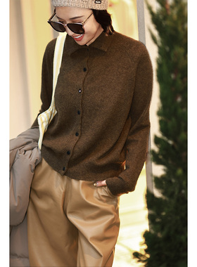 ise“复古老钱”羊毛羊绒高领保暖深咖色针织开衫毛衣K2540867W