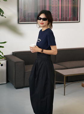 ise“chill 通勤”系列100%棉收腰显瘦黑色宽松半裙P2530501