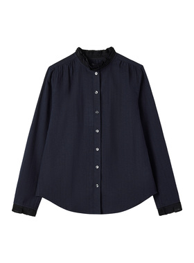 ise“Office partner”拼接花边领羊毛通勤蓝黑长袖衬衫P2530113