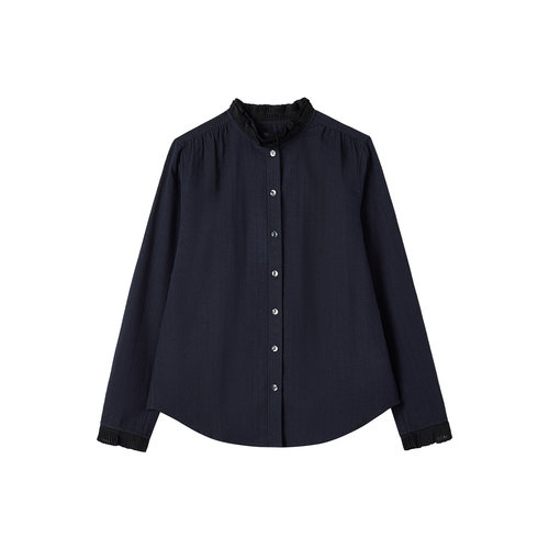 ise“Office partner”拼接花边领羊毛通勤蓝黑长袖衬衫P2530113