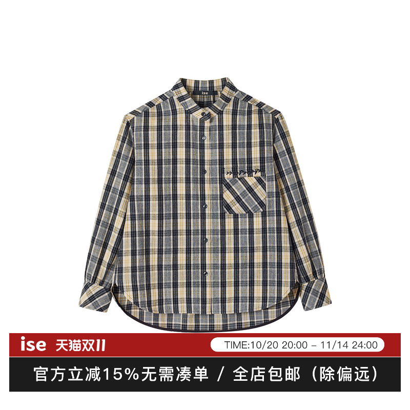 ise“Vintage Fashion”苏格兰复古格纹刺绣100%棉衬衫P2540101