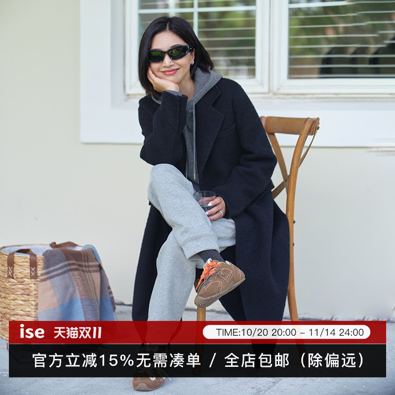 ISE冬季羊毛大衣女长款黑色