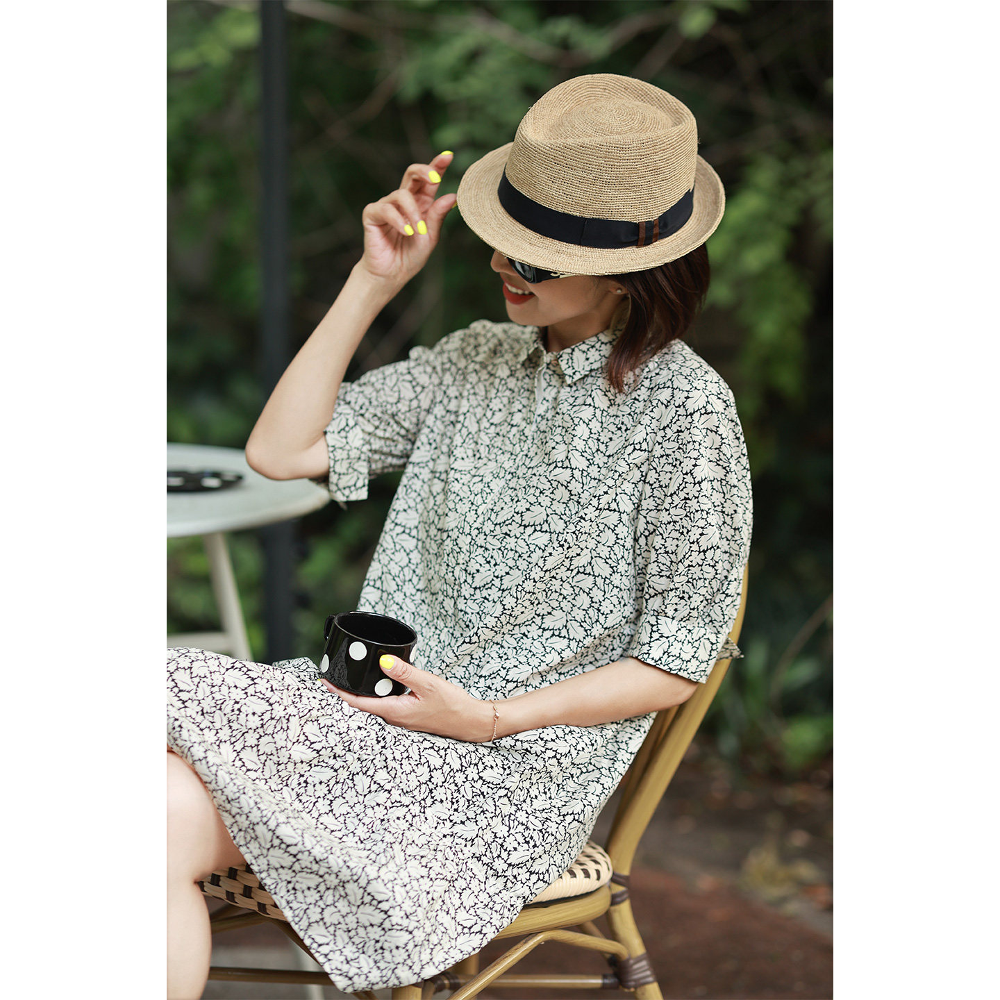 ise“南法夏日”系列100%棉衬衫领复古碎花宽松连衣裙P2520757