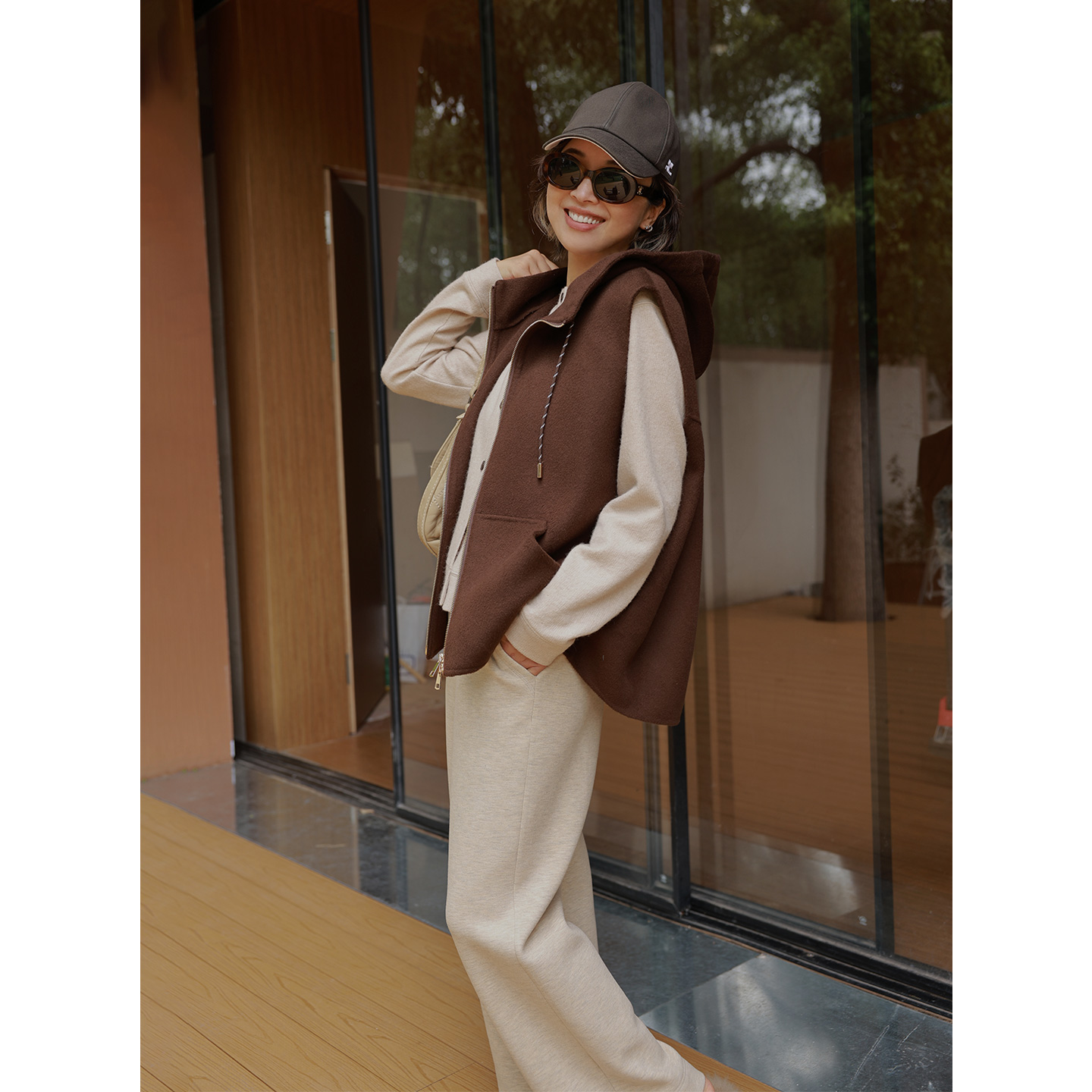 ise“休闲美拉德”重磅羊毛羊绒百搭连帽拉链无袖马甲P2540312