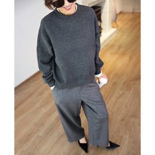 ise“冬日随暖”深灰色条纹羊毛羊绒宽松百搭西装长裤P2540618