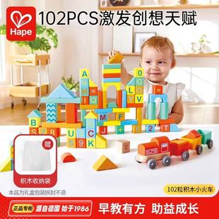 Hape双面字母100粒木制火车益智创意拼搭大颗粒积木智力桶装玩具
