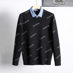 工厂清仓提花设计衬衫领毛衣男士高端舒适百搭时尚假两件针织衫