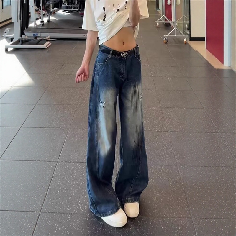 复古泼墨破洞牛仔裤男夏季薄款痞帅高级感裤子美式高街直筒微喇裤