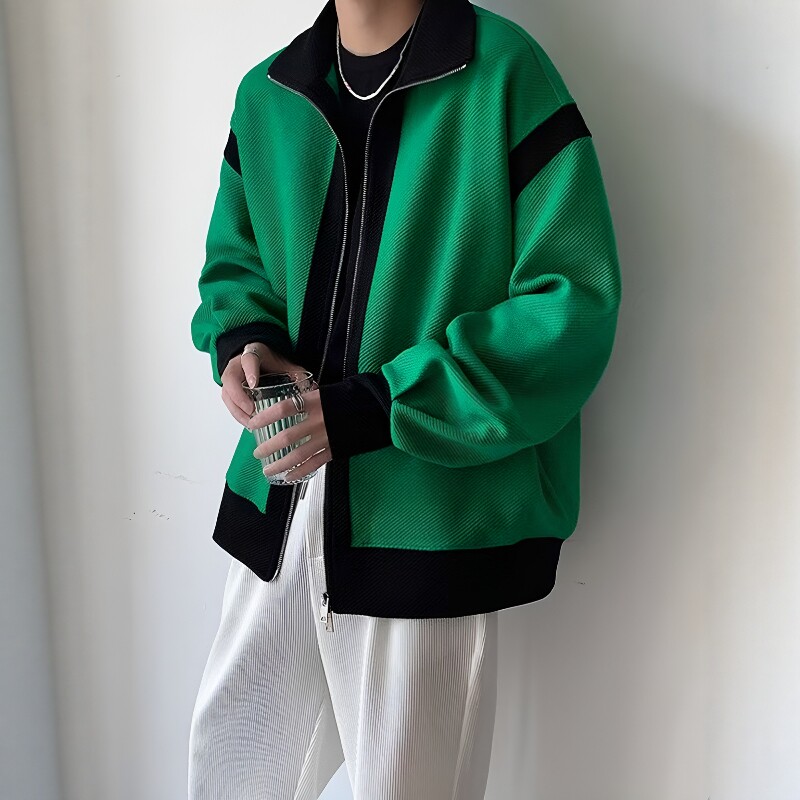 潮牌绿黑拼色针织外套男士复古