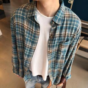 美式复古破坏流苏蓝色格子衬衫男款cleanfit外套潮牌欧美街头衬衣