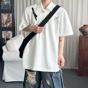 白色美式polo衫男短袖夏季小众设计感垫肩衬衫领t恤重磅七分半袖