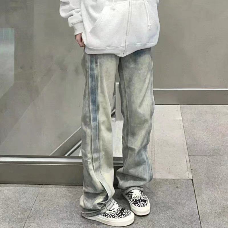 美式vibe风黄泥染牛仔裤男修身小脚假两件裤子高街ins潮牌直筒裤