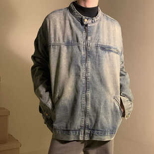 水洗做旧牛仔外套男春秋美式复古蓝高街宽松痞帅休闲oversize夹克