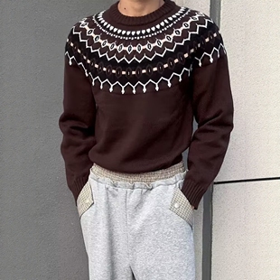 黑色软糯提花针织衫男款秋季费尔岛情侣毛衣慵懒高级感内搭打底衫