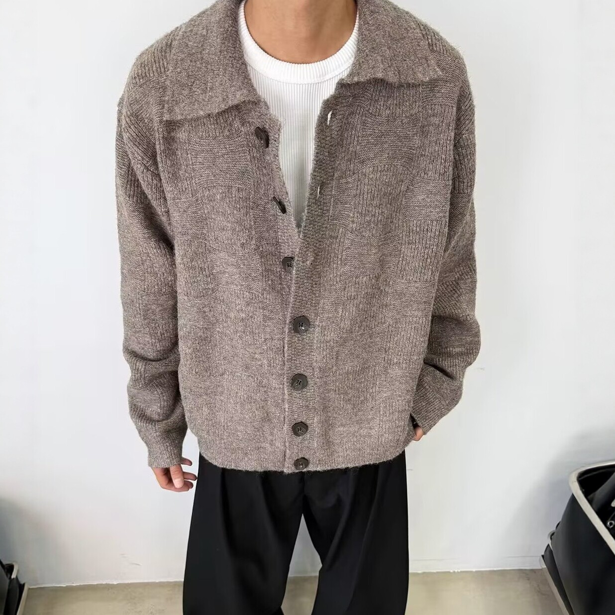 灰色美式复古毛衣开衫外套男款