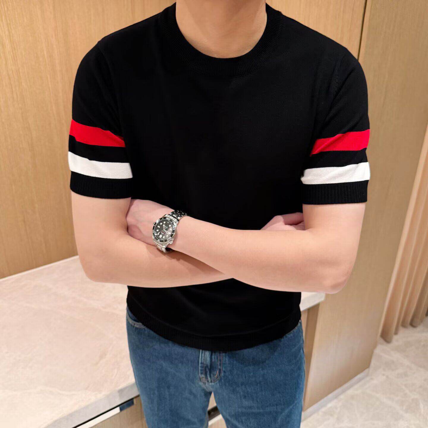 欧洲站潮流拼色男士针织短袖