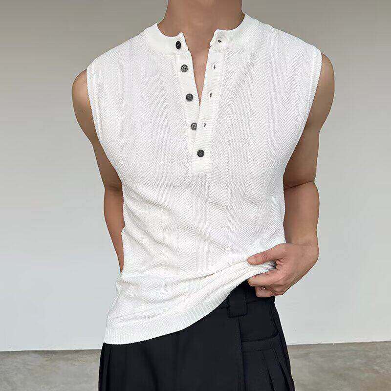 黑色亨利领坎肩背心男款夏季修身显肌肉无袖t恤美式健身运动汗衫