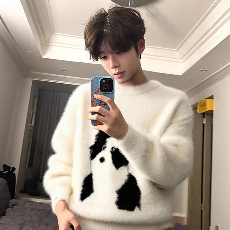 美式复古水貂绒卡通小狗圆领毛衣