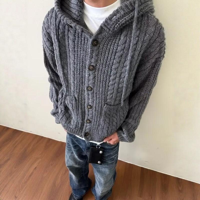 设计感小众毛衣连帽外套男秋冬粗毛线韩版宽松慵懒风针织开衫男女