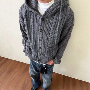 设计感小众毛衣连帽外套男秋冬粗毛线韩版宽松慵懒风针织开衫男女