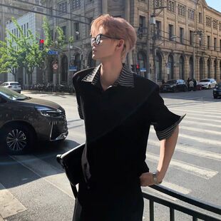 美式条纹polo衫男款痞帅高级感正肩短袖t恤江浙沪男模穿搭半截袖