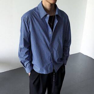 韩系miu系蓝格子衬衫男 复古格纹宽松版型 慵懒风长袖衬衣