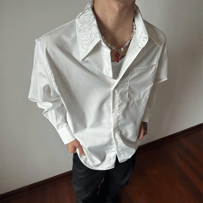 白色刺绣花领衬衫男款春季美式