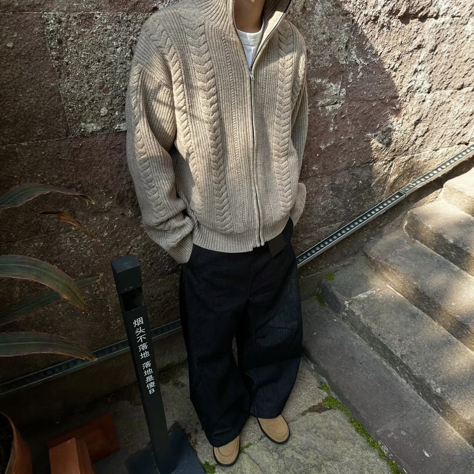 秋冬潮牌老钱风穿搭麦穗绞花拉链毛衣外套男款时尚宽松针织衫上衣